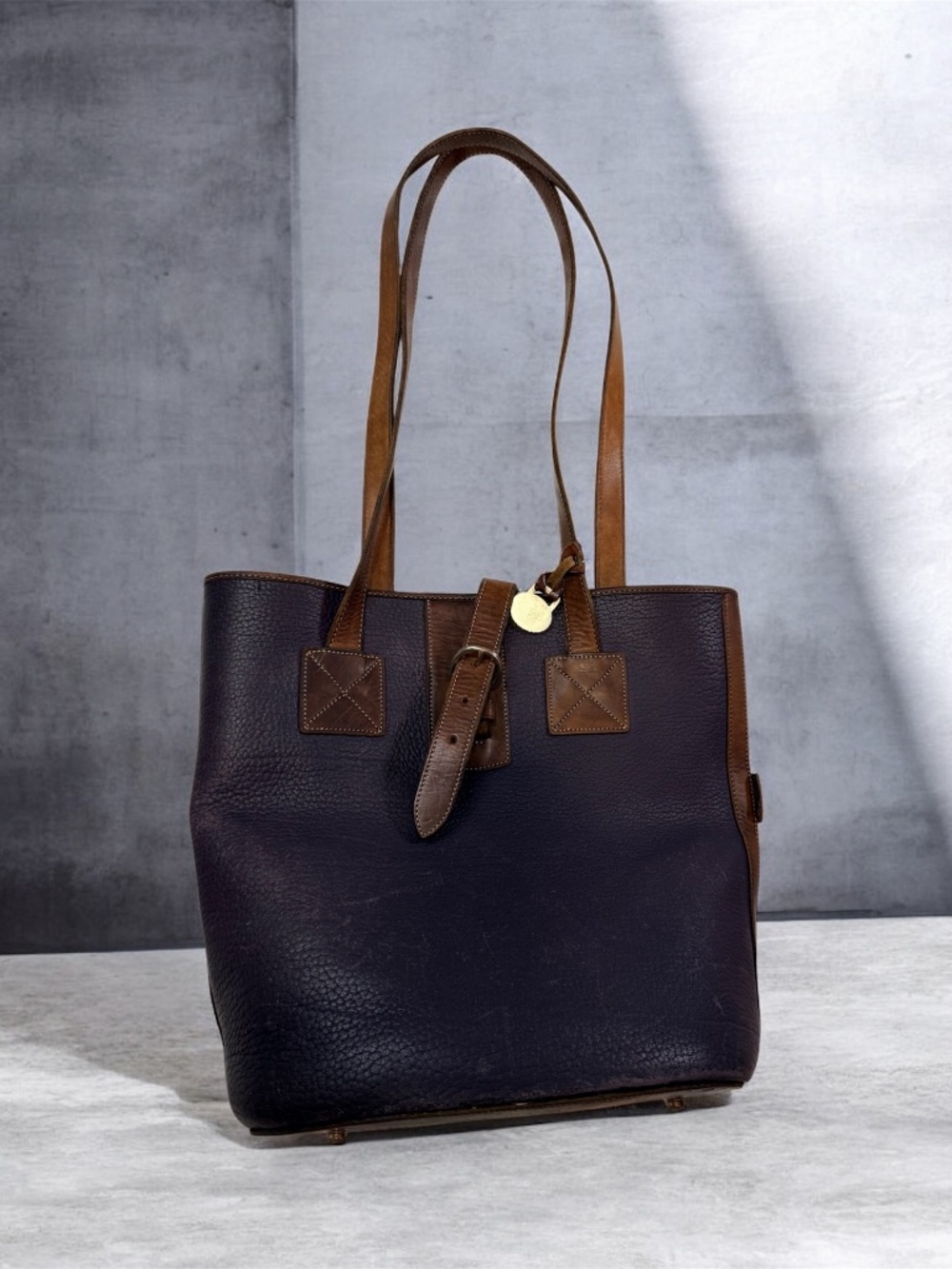 Vintage Dooney & Bourke USA Pebbled Leather Tote Bag Navy Brown